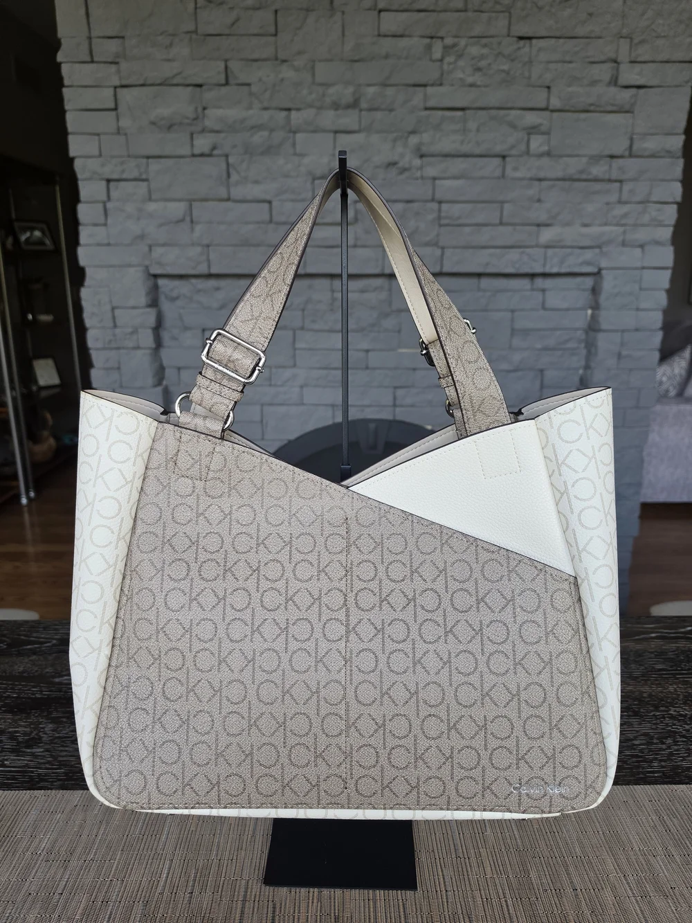 Calvin Klein Two-Tone Beige & Cream Monogram Tote with Pouch